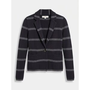 LOFT Cardigan Blazer Women SP Navy Blue Grey Striped Knit Sweater